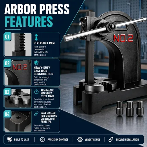 Vista 5 de 2 Ton Arbor Press, Heavy-Duty Manual Desktop Press, 8.5in Work Height, Hand Wheel Arbor Press with Reversible Ram & Removable Anvil, Cast Iron