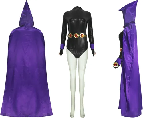 Vista 3 de PAINEOMN Disfraz de Halloween para mujer, overol negro con capa morada con capucha, conjunto completo para trajes de disfraces
