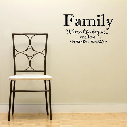 Vista 2 de Arte de pared con texto en inglés "Family Where Life Begins and Love Never Ends" (Familia donde la vida comienza y el amor nunca termina)