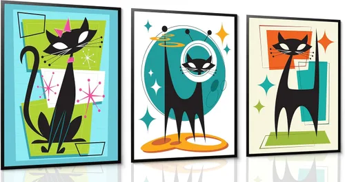 Vista 8 de 3 piezas de arte de pared enmarcado de gatos atómicos, conjunto de pinturas abstractas de futurismo retro de mediados de siglo, azul verde naranja