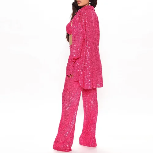 Vista 3 de Conjunto sexy de tres piezas con lentejuelas y manga larga para mujer, diseño de club nocturno y lentejuelas para mujer, conjunto pequeño