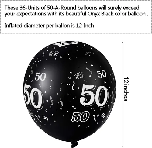 Vista 3 de Gejoy 36 globos negros de 12 pulgadas para cumpleaños de 50 años, decoraciones de fiesta de 50 años, globos de látex para hombres y mujeres