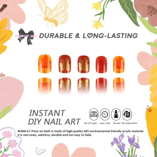 Vista 2 de Uñas postizas a presión de otoño, uñas postizas cortas cuadradas de MABKJLF con diseños de hojas de arce, pegamento brillante en uñas, uñas