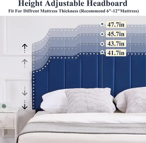 Vista 5 de VECELO Base de cama tamaño matrimonial tapizada con cabecera ajustable copetuda/base de colchón con soporte de listones de madera, fácil montaje