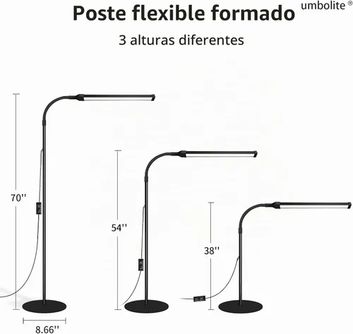 Vista 4 de Luz de Pestañas, Lámpara de Pie LED, Lámpara de Pie de Lectura, Cuello de Ganso Ajustable, 3 Alturas, Brillo Dual de 10W, Lámpara de Pie Portátil