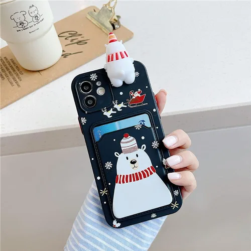 Vista 2 de Yatchen Funda de Navidad para iPhone 7/8/SE2, bonito diseño de dibujos animados 3D de Papá Noel con ranura para tarjetas, funda protectora ultra