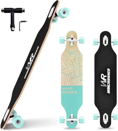 Vista 12 de Windrunner Patineta longboard Freeride de 41 pulgadas, Skateboard de 8 capas, arce natural, drop through, patineta completa para crucero