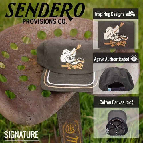 Vista 2 de Sendero Provisions Co. Tiro Muerto Screen Printed El Snapback Sombrero Azul, Gris