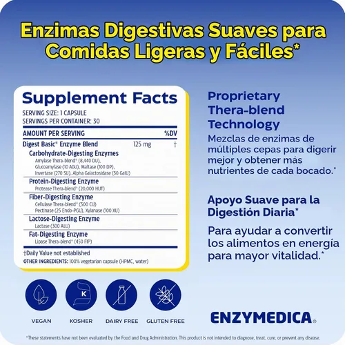 Vista 2 de Enzymedica Cápsulas básicas para digestión, 29050, 30, 1, 1 Digestive Enzyme Supplement for Women & Men, Enzyme Capsules for Digestion, Gut Health