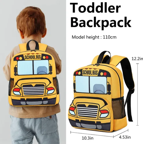 Vista 2 de Mochila infantil para niños y niñas, bolsas de preescolar 3D de dibujos animados para guardería, amarillo, (Yellow Bus), Mochila para niños pequeños