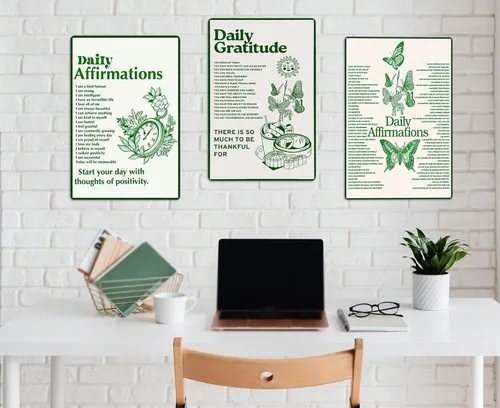 Vista 3 de CUUCTGDA Póster de metal inspirador verde bohemio para habitación, decoración estética de gratitud diaria, letreros de hojalata para el hogar