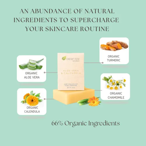 Vista 5 de Aspen Kay Naturals Jabón de aloe vera y caléndula, ingredientes naturales y orgánicos, aloe vera orgánico, jabón de caléndula y cúrcuma. Uso
