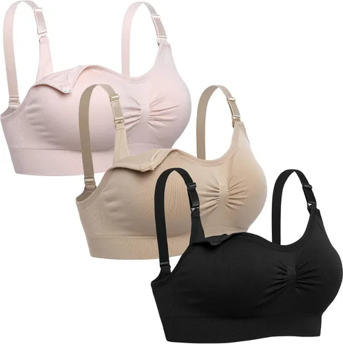 Vista 9 de Brasier de lactancia sin costuras para mujer - Bralette de maternidad para dormir y amamantar. Paquete de 3 3negro2beige