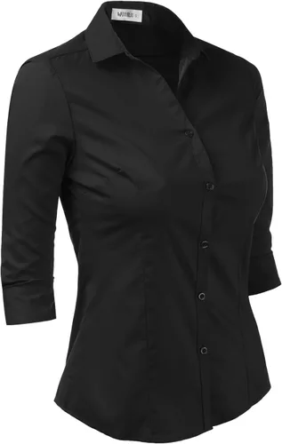 Vista 2 de Doublju - Camiseta básica de manga 34 con cuello de botón para mujer