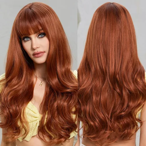 Vista 10 de HAIRCUBE Peluca rubia con reflejos, peluca larga y rizada con flequillo, peluca marrón, aspecto natural, resistente al calor, peluca sintética