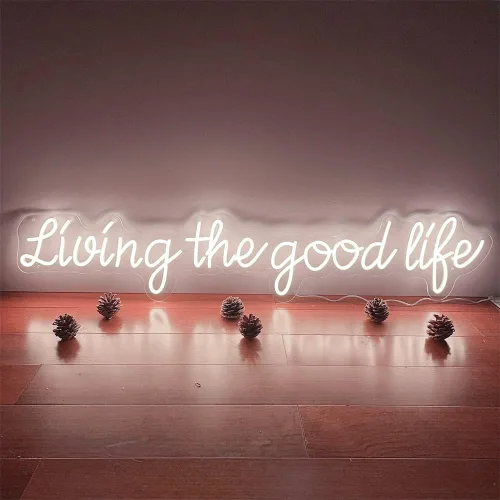 Vista 3 de Letrero de neón con texto en inglés "Living The Good Life" para decoración de pared del hogar, letreros de luz LED de neón, grandes para interiores