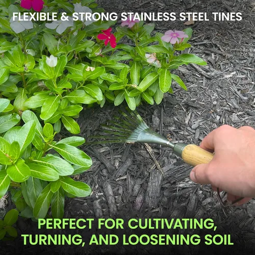 Vista 3 de Garden Guru - Rastrillo de mano ecológico, 100% acero inoxidable reciclado, resistente a la corrosión, mango ergonómico de madera certificado FSC