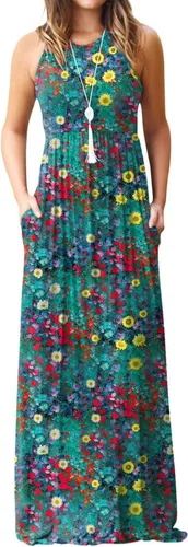 Vista 38 de DEARCASE Vestido largo de verano sin mangas para mujer, con bolsillos E10-floral Negro Azul