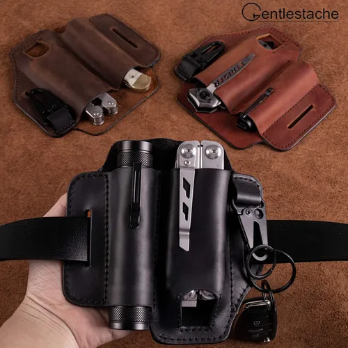 Vista 6 de Gentlestache Funda de cuero para Leatherman Multitool - Organizador de bolsillo EDC con soporte para llaves y funda de linterna, color negro