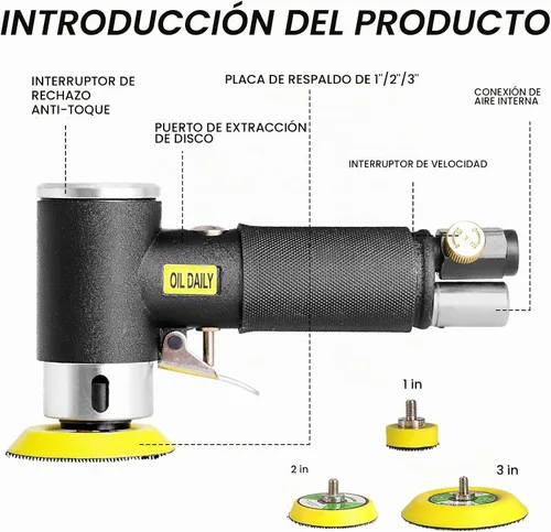 Vista 5 de Mini lijadora de aire, kit de lijadora de aire orbital aleatoria, mini lijadora neumática para kits de herramientas de lijado automático con esponja
