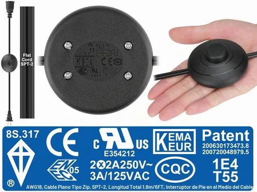 Vista 2 de Interruptor de pie de extensión de encendido/apagado de 1.8m/6 pies, interruptor en el medio del cable, enchufe polarizado de 2 puntas y enchufe