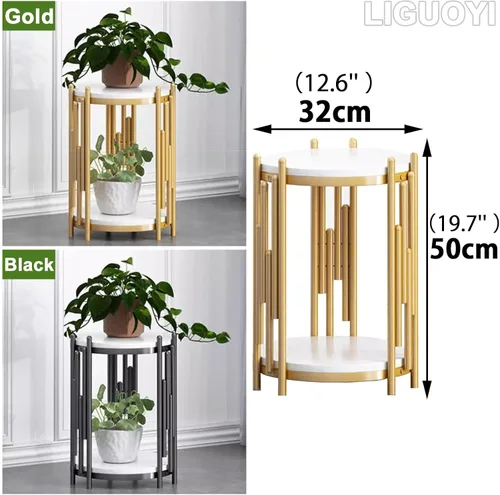 Vista 4 de LIGUOYI Soporte para macetas al aire libre, estante de metal de 2 niveles, superficie de mármol, soporte de esquina para plantas de flores, estante