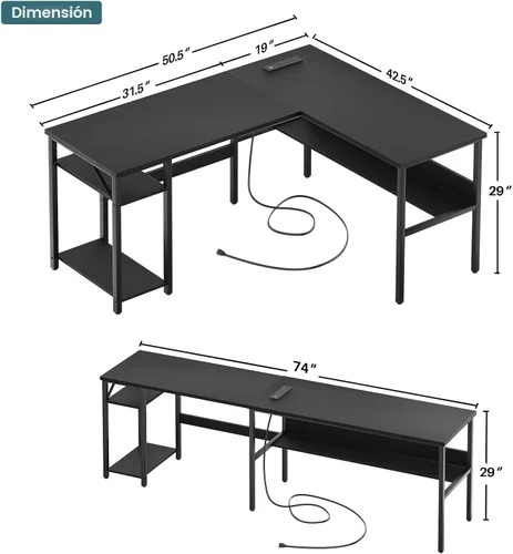 Vista 3 de Unikito Escritorio reversible en forma de L con tomas de corriente mágicas y puertos de carga USB, escritorio de esquina resistente para computadora