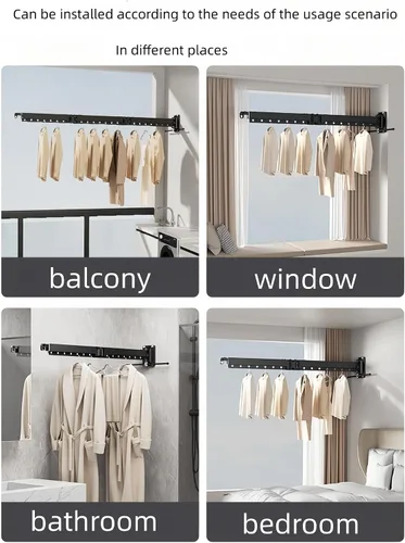 Vista 5 de Estante de ropa montado en la pared, estante de secado de ropa plegable extendido para dormitorio y baño, estante de secado de ropa elástico