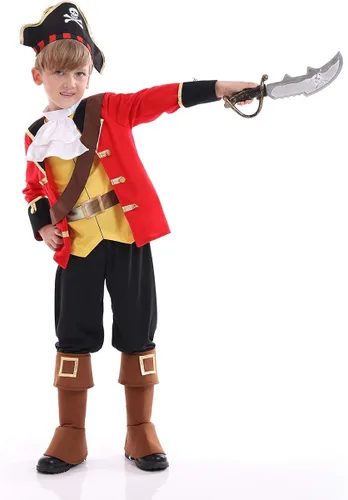 Vista 2 de Funivals Disfraz de pirata de lujo para niños, juego de rol de capitán de siete mares para fiesta de Halloween
