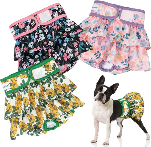 Vista 9 de Pet Soft Pañales para perras – Paquete de 3 pañales lavables estilo vestido para perras hembras en celo – Bragas reutilizables para perrito, pañal