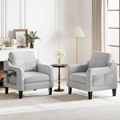 Vista 16 de Silla de acento para sala de estar, sillón moderno tapizado en lino, silla de sofá lateral de tela con estructura de madera con mesa plegable, 2