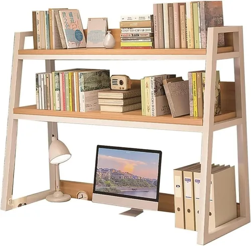 Vista 7 de Hutch Display Shelf Office 2 Tier Desktop Bookshelf/Bookcase - Trapezoidal Wood Countertop Hutch Bookshelf, Storage Home Decor Shelves, for Home