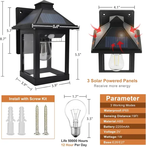 Vista 8 de Paquete de 2 faroles solares para exteriores, impermeables, IP65, 3 modos inalámbricos, sensor de movimiento del atardecer al amanecer, luces LED