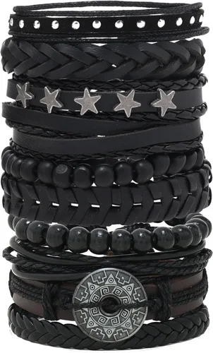 Vista 13 de Punk Leather Bracelet for Men Women Leather 8-10 PCS Braided Cuff Bracelet Multilayer Leather Bracelet A-01