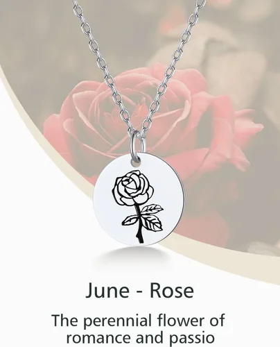 Vista 4 de Collar de plata de ley con flor de nacimiento y moneda, conjunto de joyas florales de rosa de junio para mujer