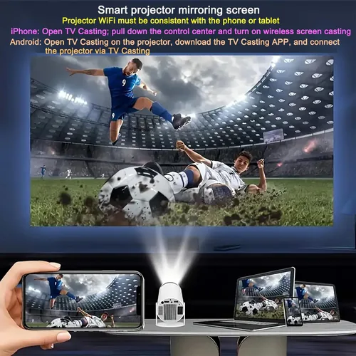 Vista 7 de Proyector HY300 con WIFI6 y Bluetooth, soporte 4K 1080P con Android TV 11.0, mini proyector portátil giratorio 180°, proyector de película auto