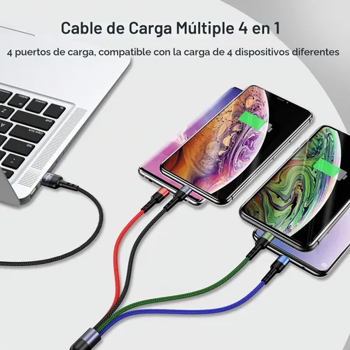 Vista 3 de USAMS - Paquete de 2 cables de carga múltiple de nailon trenzado, 4 pies, 4 en 1, cable de carga USB con teléfono/tipo C/conector micro USB