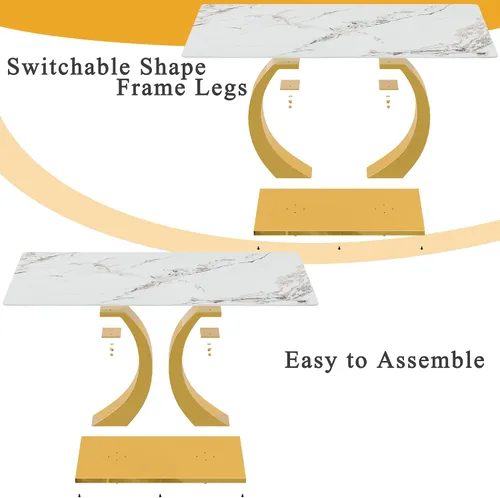 Vista 4 de Juego de mesa de comedor de mármol para 4, moderna mesa de oro blanco de 63 pulgadas con patas de marco de forma intercambiable y sillas de comedor