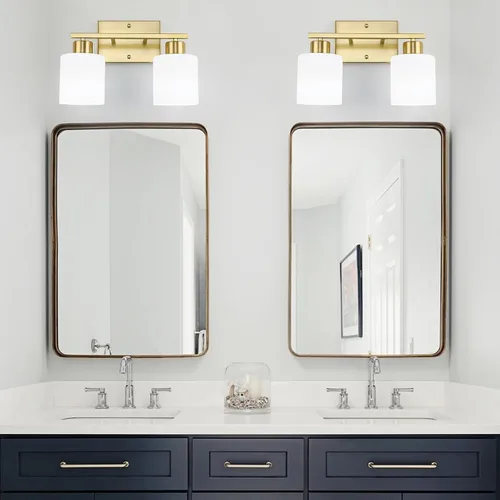 Vista 7 de WILON 2 luces doradas cepilladas, accesorios de iluminación de tocador de baño con pantallas de vidrio esmerilado blanco leche, modernas luces