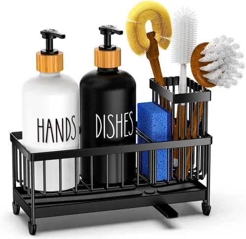 Vista 8 de Cisily Juego de dispensador de jabón de cocina con organizador para fregadero, botella de vidrio, dispensador de jabón para manos y platos