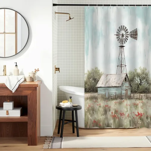 Vista 2 de Cortina de ducha de molino de viento, decoración rústica de baño, tela impermeable con ganchos, 36 x 72 pulgadas