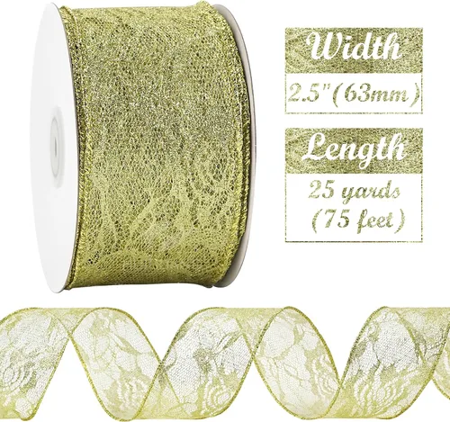 Vista 2 de HUIHUANG Cinta de encaje con alambre para árbol de Navidad, 2.5 pulgadas x 25 yardas, cinta de alambre con purpurina dorada para árbol de Navidad