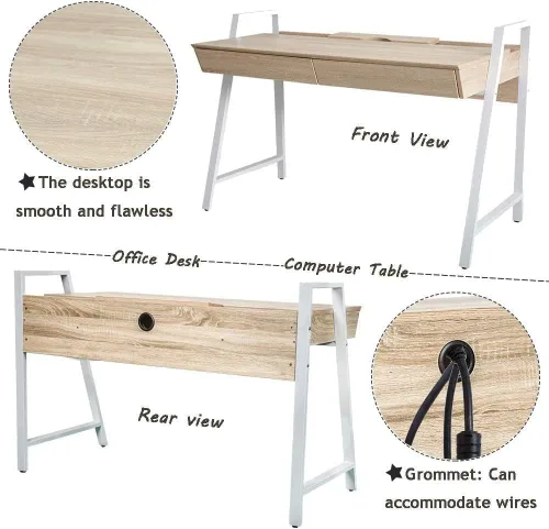 Vista 5 de LUCKYERMORE Escritorio para computadora de oficina en casa, mesa de pie de madera de roble de 50 pulgadas con 2 cajones, escritorio de estudio