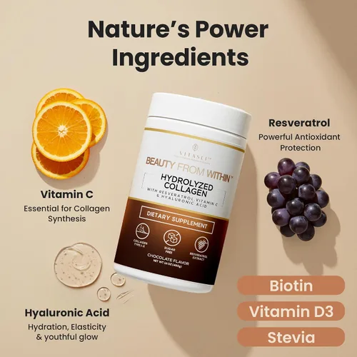 Vista 4 de VITASEI Polvo de péptidos de colágeno hidrolizados con resveratrol y vitamina C - Soporte para cabello, piel, uñas y articulaciones - Colágeno