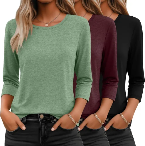 Vista 34 de Ficerd Paquete de 3 camisetas de manga 3/4 para mujer, cuello redondo, camisetas básicas elegantes, casuales, modernas, holgadas