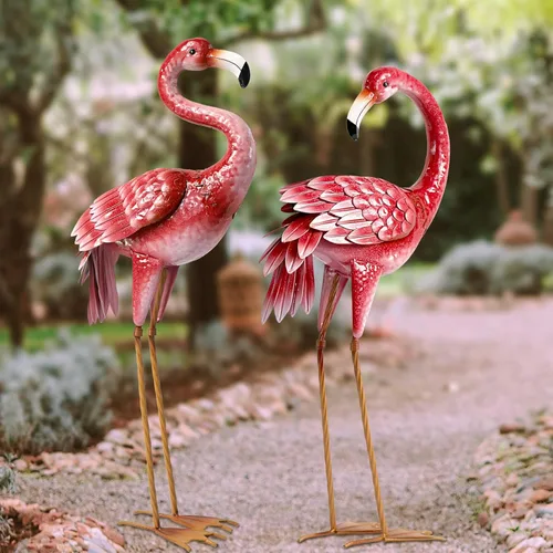 Vista 8 de Kircust Estatuas y esculturas de jardín de flamencos, estatua de metal para exteriores, adornos grandes de flamenco rosa para el hogar, patio