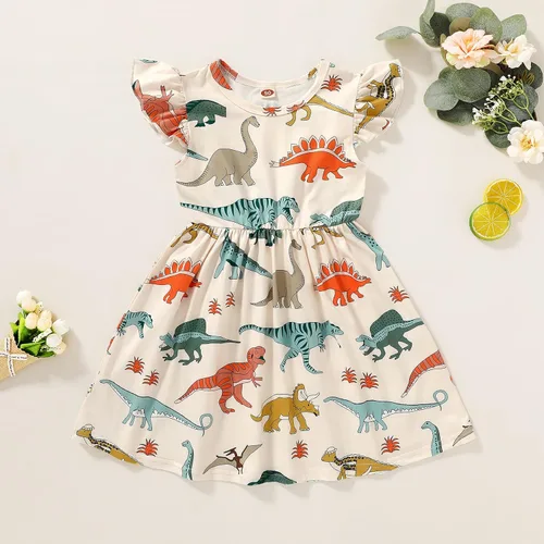 Vista 2 de HAPPYMA Vestido de verano para niña pequeña, vestido de dinosaurio con mangas con vuelo, trajes para bebé, vestido de verano, faldas