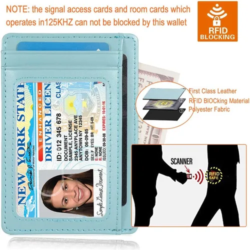 Vista 6 de Slim RFID - Soporte para tarjetas con sistema de bloqueo, billetera de cuero de bolsillo frontal minimalista para mujer