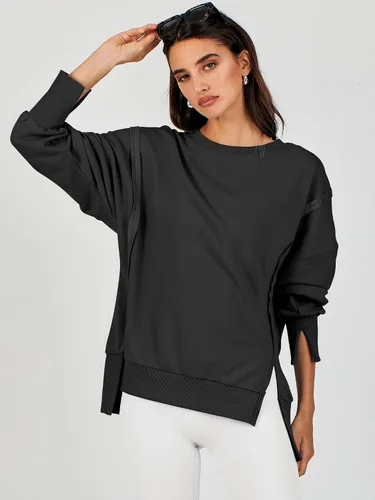 Vista 4 de Caracilia Sudadera de gran tamaño para mujer, cuello redondo, manga larga, sudadera con capucha, ropa de otoño a la moda