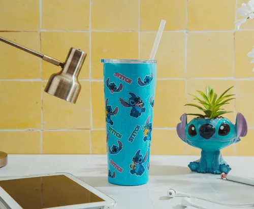 Vista 2 de Silver Buffalo Disney Lilo and Stitch Snacking and Expression - Vaso de acero inoxidable de doble pared con pajilla, 22 onzas